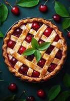Freshly baked cherry pie with lattice crust photo