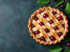 Homemade cherry pie with lattice crust photo