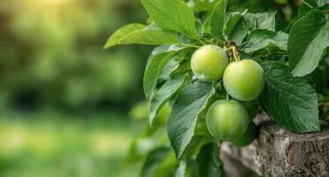 Fresh green apples growing on a tree branch photo