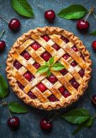 Homemade cherry pie with lattice crust photo