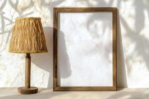 Wooden frame and lamp on wall photo