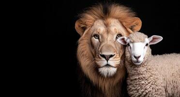 Powerful lion with a lamb photo