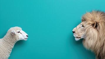 Sheep and lion face off on teal background photo