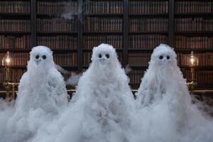 Ghostly figures in a spooky library photo