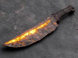 Flaming ancient sword on dark background photo