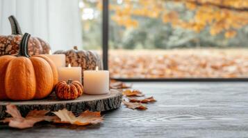 cozy autumn scene with pumpkins and candles photo