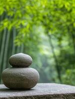 Tranquil stone sculpture in lush green garden photo