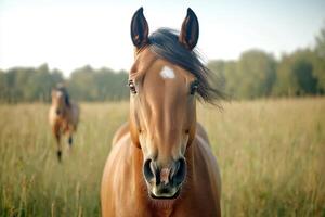 Close up portrait of a beautiful horse in a field photo