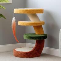 Cozy cat tower with feather toy photo