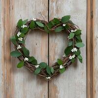 heart shaped wreath with green leaves and white flowers on rustic wooden background photo