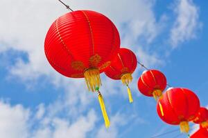 Red Chinese Paper Lanterns against a Blue Sky photo