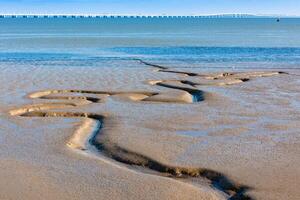 Tagus river bottom and Vasco da Gama Bridge as background photo