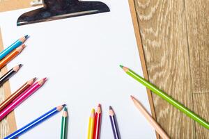 various colorful drawing tools. Mock up photo