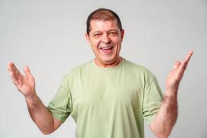 Cheerful man in a green shirt expressing happiness with open hands against a plain background photo