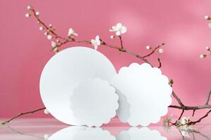 Decorative podiums and blooming branches on pink background with shadows photo