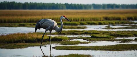 A crane stands in shallow water near grassy marsh photo