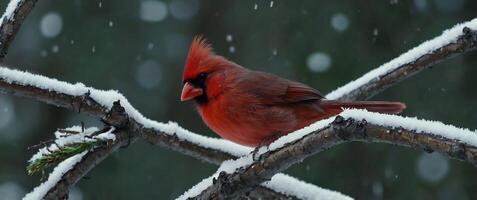 A red bird sits on a branch in the snow photo