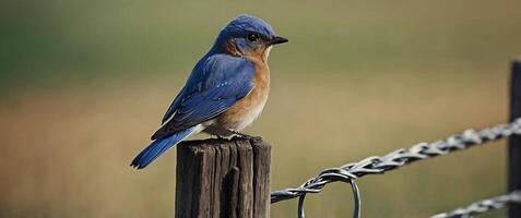 A blue bird sitting on a fence post photo
