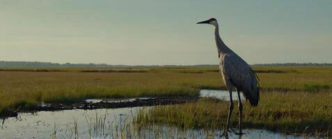 A crane stands in a marsh with water and grass photo