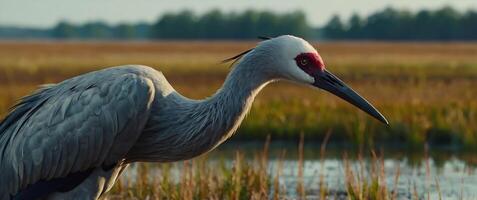 A crane stands in the water near a marsh photo