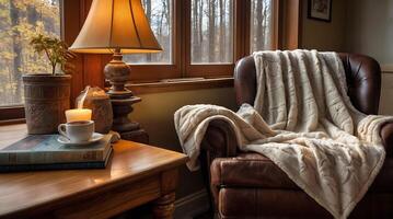 A chair with a blanket and a lamp sitting in front of a window photo