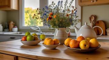 A kitchen counter with bowls of fruit and a vase of flowers photo