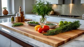 A cutting board with vegetables and herbs on it photo