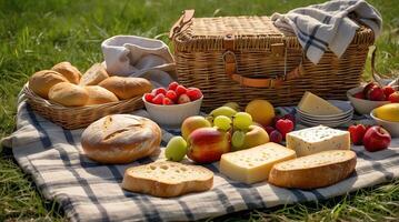 A picnic basket with bread, fruit and cheese photo