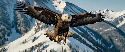 An eagle flying over a mountain range photo