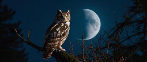 Owl on branch with moon in background photo