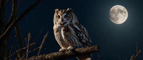 Owl sitting on branch at night with moon in background photo