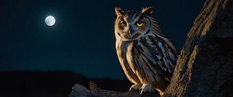 Owl sitting on a branch at night with moon in the background photo