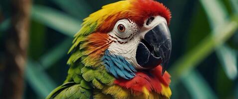 A colorful parrot is standing in front of some green plants photo