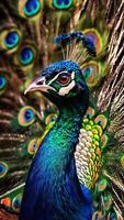 A peacock with colorful feathers on its head photo