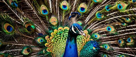 A peacock with its feathers spread out photo