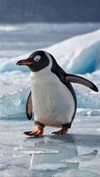 A penguin is standing on the ice with its feet out photo