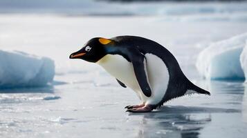 A penguin is standing on ice with a yellow beak photo