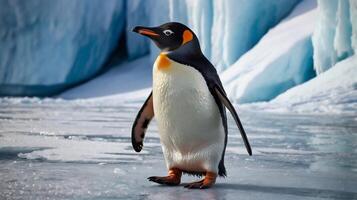 A penguin standing on an ice floe with a blue background photo