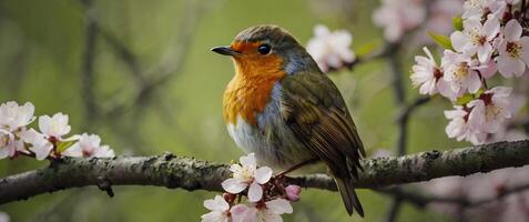 A bird sitting on a branch with flowers photo