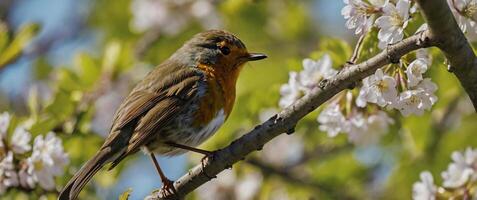 A robin sits on a branch of a tree with flowers photo