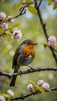 A bird sitting on a branch with flowers in the background photo