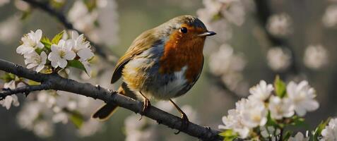 A robin sits on a branch of a tree with flowers photo