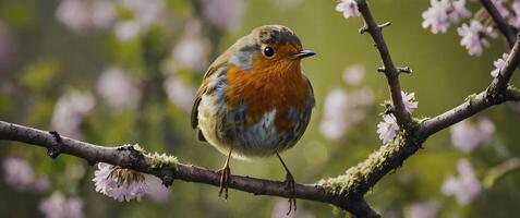 A robin sits on a branch with flowers in the background photo