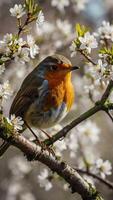 A robin sits on a branch with flowers photo