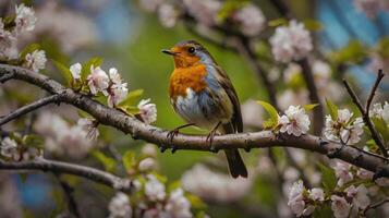 A robin sits on a branch of a tree photo