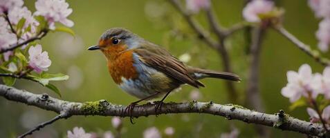 A bird sitting on a branch with flowers in the background photo