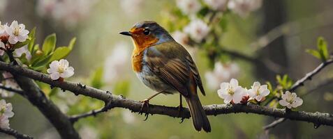 A bird sitting on a branch with flowers photo