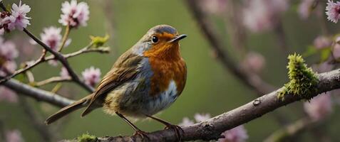 A robin sits on a branch with flowers photo