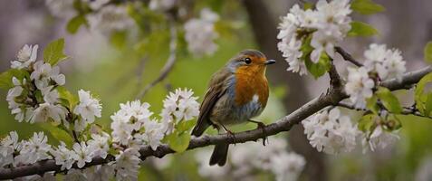 A robin sits on a branch of a tree with flowers photo