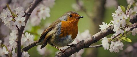 A robin is perched on a branch with flowers photo